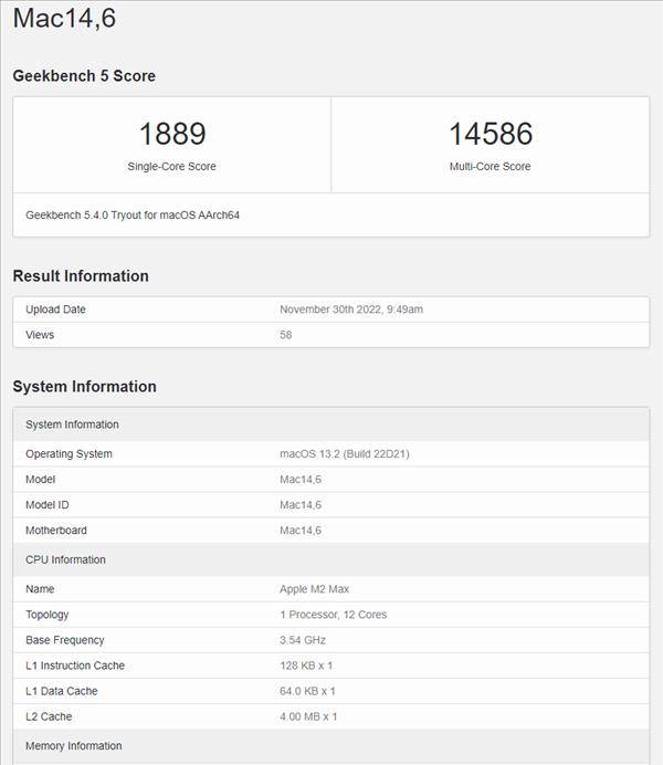苹果12版本跑分对比:媲美i7-12700K！苹果M2Max跑分首曝：12核心配96GB内存
